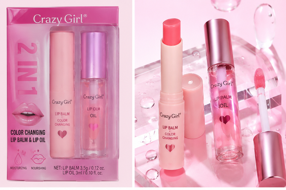 Crazy Girl 2 In 1 Color Changing Lip Balm & Lip Oil Set, Moisturizing Pink Lip Care Duo with Hydrating Gloss Finish, Long-Lasting Nourishing Lip Treatment for Soft, Smooth and Naturally Tinted Lips