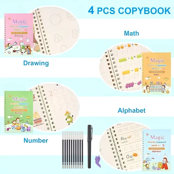 Magic Practice Books for Kids 4 Books Set + 1 Magic Pen + 10 Ink Refills + 1 Gripper